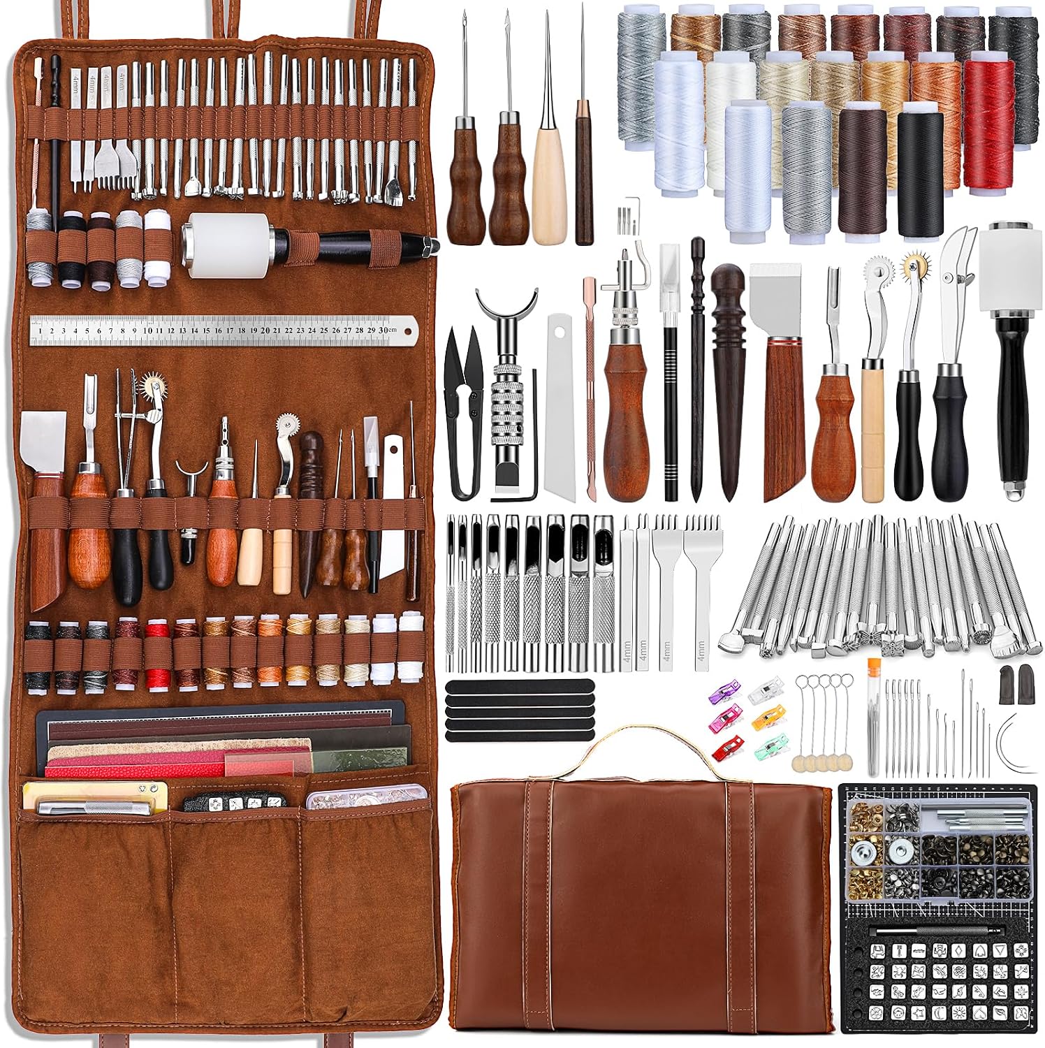 Werkzeugset Für Die Lederverarbeitung Mit Maßgefertigten Schneidematten Für Handtaschen, Gravur-, Loch-, Näh-, Stempel- Und Schleifwerkzeugen Für Professionelle Handwerksberufe.