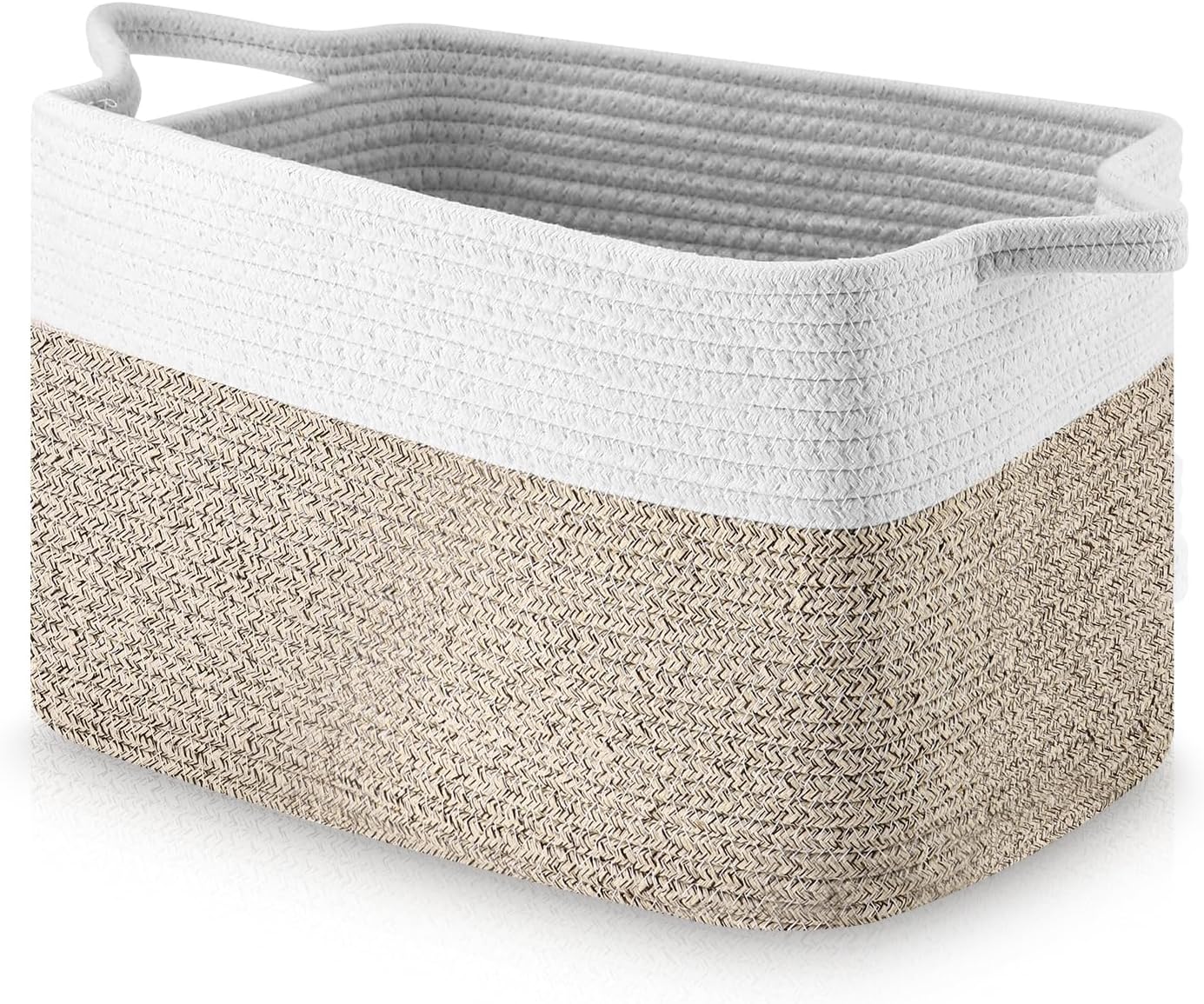 Gewebter Wäschekorb Aus Baumwolle, Großer Baumwollkorb (33 X 25 X 23 Cm) Mit Griff, Ideal Zur Aufbewahrung Von Decken, Kinderkleidung Und Babykleidung, Aus Weißem Jute.