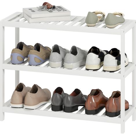 Dreistöckiges Schuhregal Aus Bambus. Weiß Lackiert. Zur Aufbewahrung Von Schuhen.