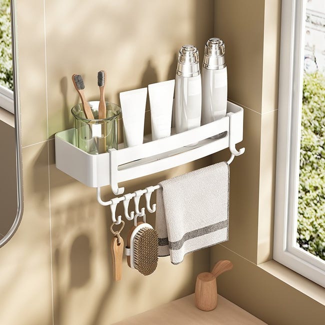 Badezimmerregal Mit Handtuchhalter, 33×15×6 Cm, Rechteckiges Regal, Ohne Bohren, Mit Haken-weiß