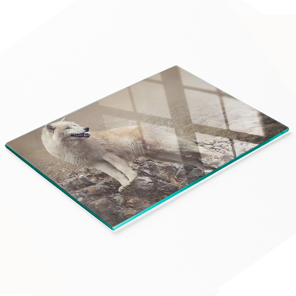 Stilvolle Und Robuste Glasplatte Mit Weißem Wolf-felsen-print, 80 X 52 Cm