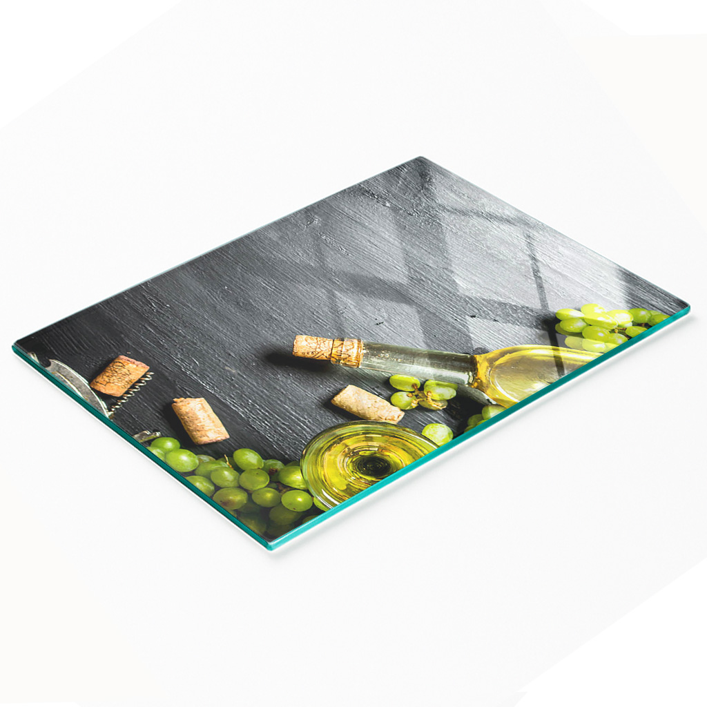 Stilvolles Und Robustes Glasbrett Mit Aufdruck „weißwein Und Früchte“, 80 X 52 Cm