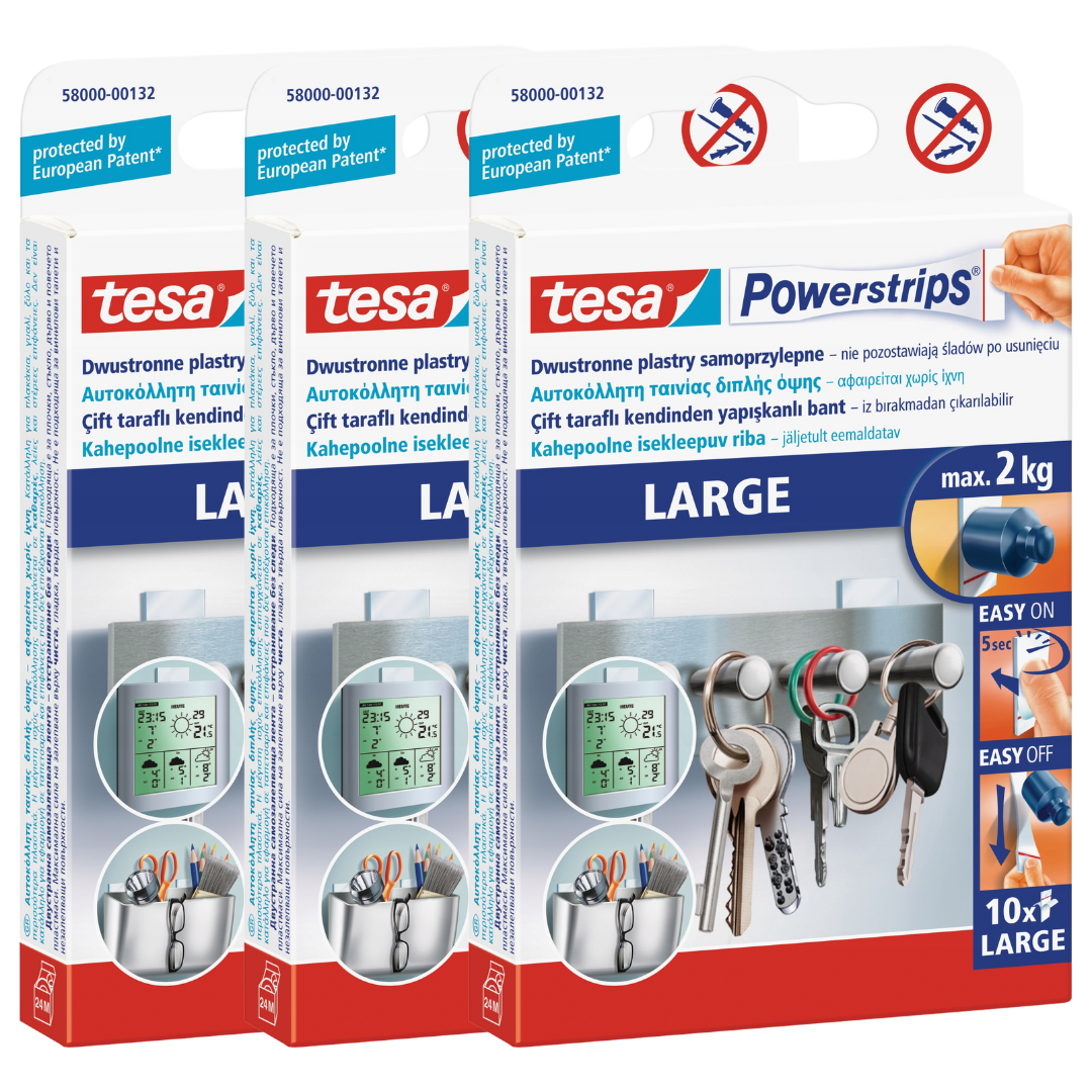 Tesa Montageplatten, Selbstklebende Streifen, Groß, Bis 2 Kg, Weiß, 10 Stück X 3