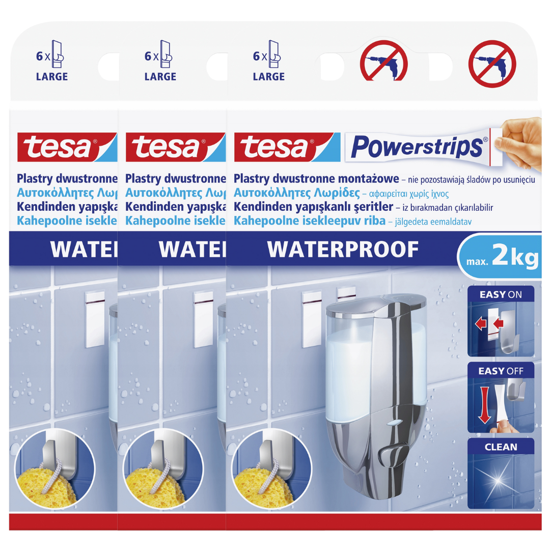 Tesa Montageplatten, Selbstklebende, Wasserfeste Streifen, Groß, Bis 2 Kg, 6 Stück X 3