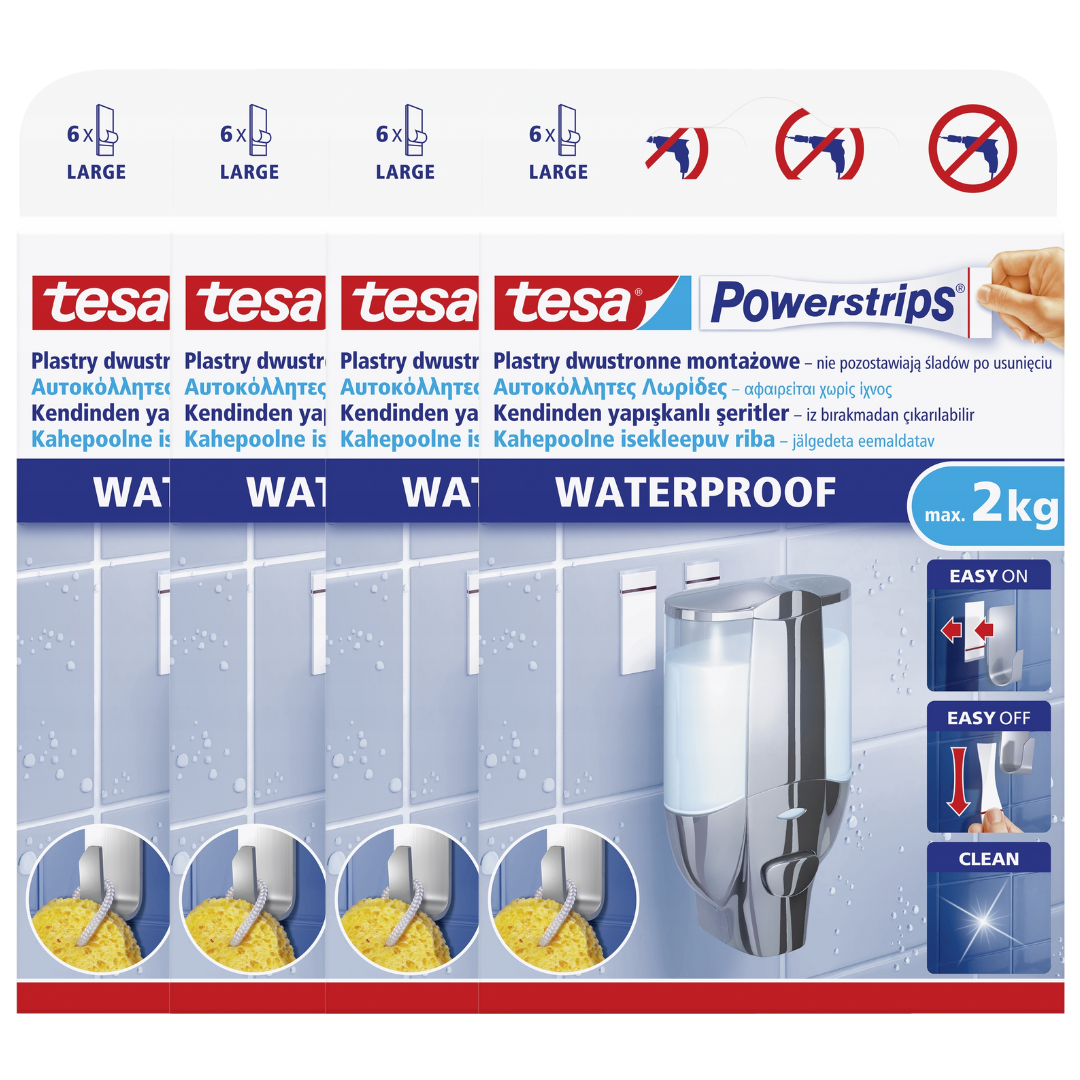 Tesa Montageplatten, Selbstklebende, Wasserfeste Streifen, Groß, Bis 2 Kg, 6 Stück X 4
