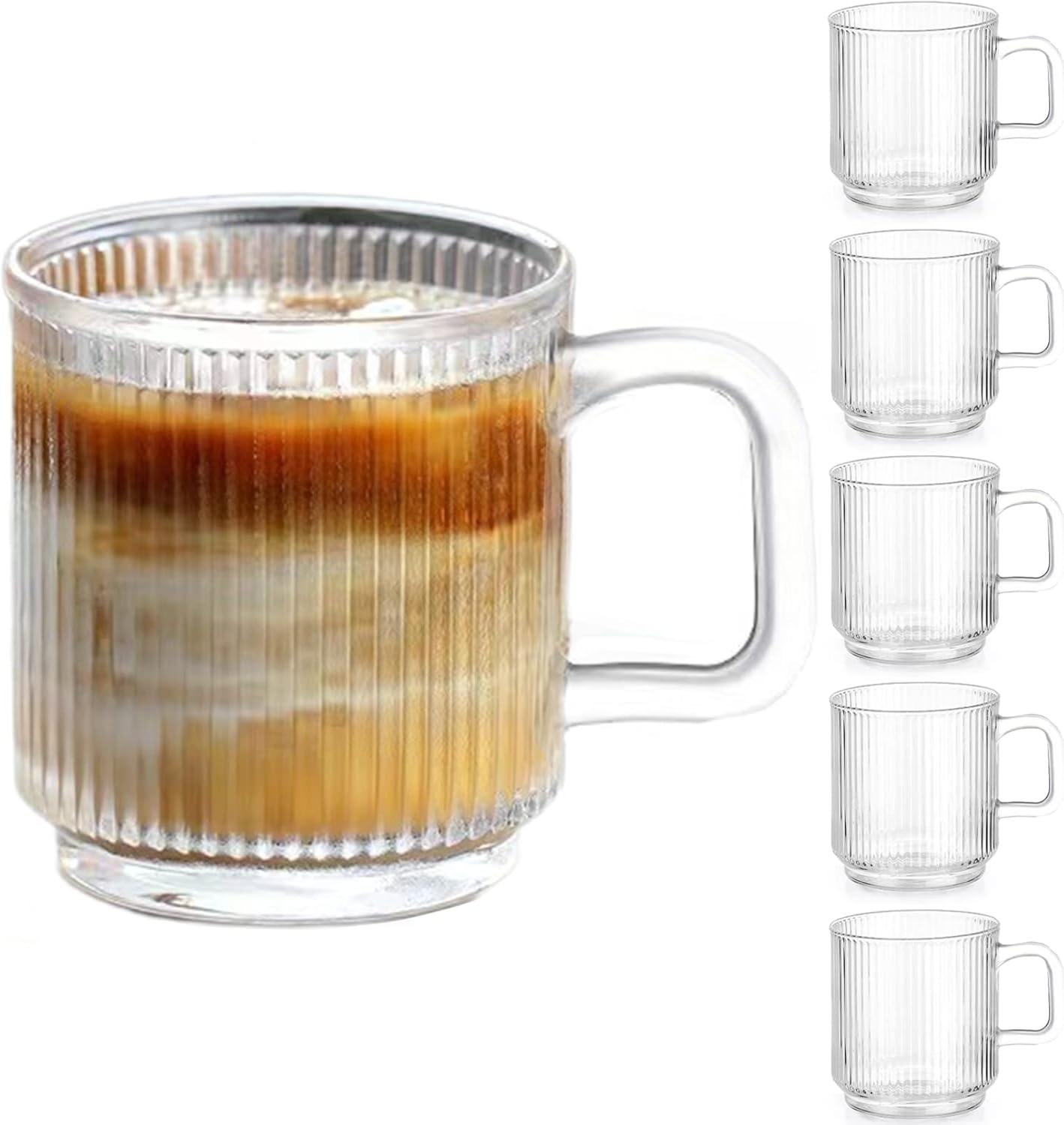 5 Hochwertige Glaskaffeetassen Mit Henkel, 350 Ml (12 Oz) Klassische, Vertikal Gestreifte Glaskaffeetassen, Durchsichtige Teetasse Für Heiße/kalte Getränke, Glaswarenset