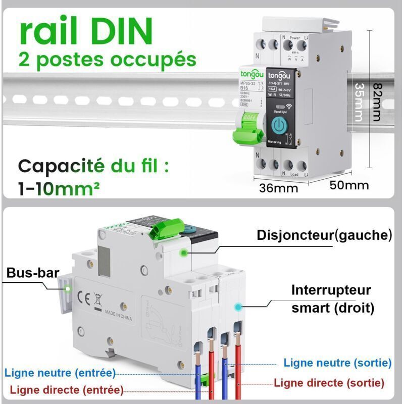 Wlan-leistungsschalter – Intelligenter Wlan-din-schienen-energiezähler-relais-leistungsschalter Mit Wattmeter, Smart Life Tuya Wlan-fernschalter, 16 A