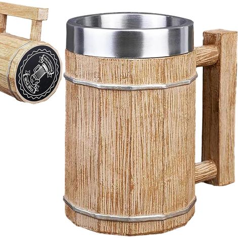 Bierkrug In Holzfassform – Doppelwandiger Cocktailkrug Aus Edelstahl, Großer 600-ml-wikingerkrug, Umweltfreundlicher Edelstahlkrug Mit Holzoptik Für Kaffee, Cocktails Und Andere Getränke