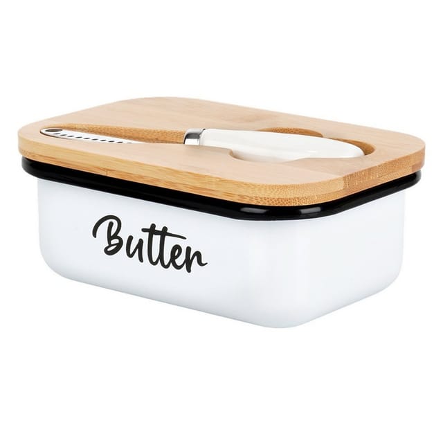 Weiße Metall-butterdose Mit Bambusdeckel Und Messer