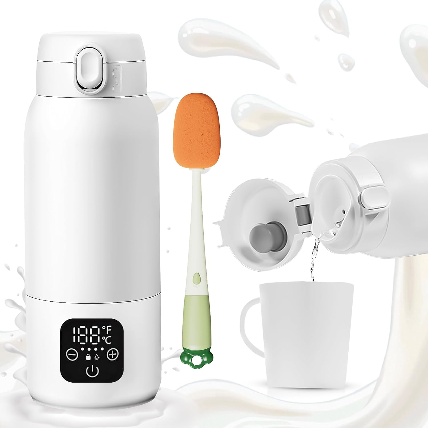 Tragbarer Flaschenwärmer, Kabellos, Heizt In 2 Minuten Auf, Erwärmt Wasser Oder Milch Präzise, Bpa-freier Edelstahl, Schnellladefunktion, 24 Stunden Akkulaufzeit, Inklusive Reinigungsbürste, 500 Ml