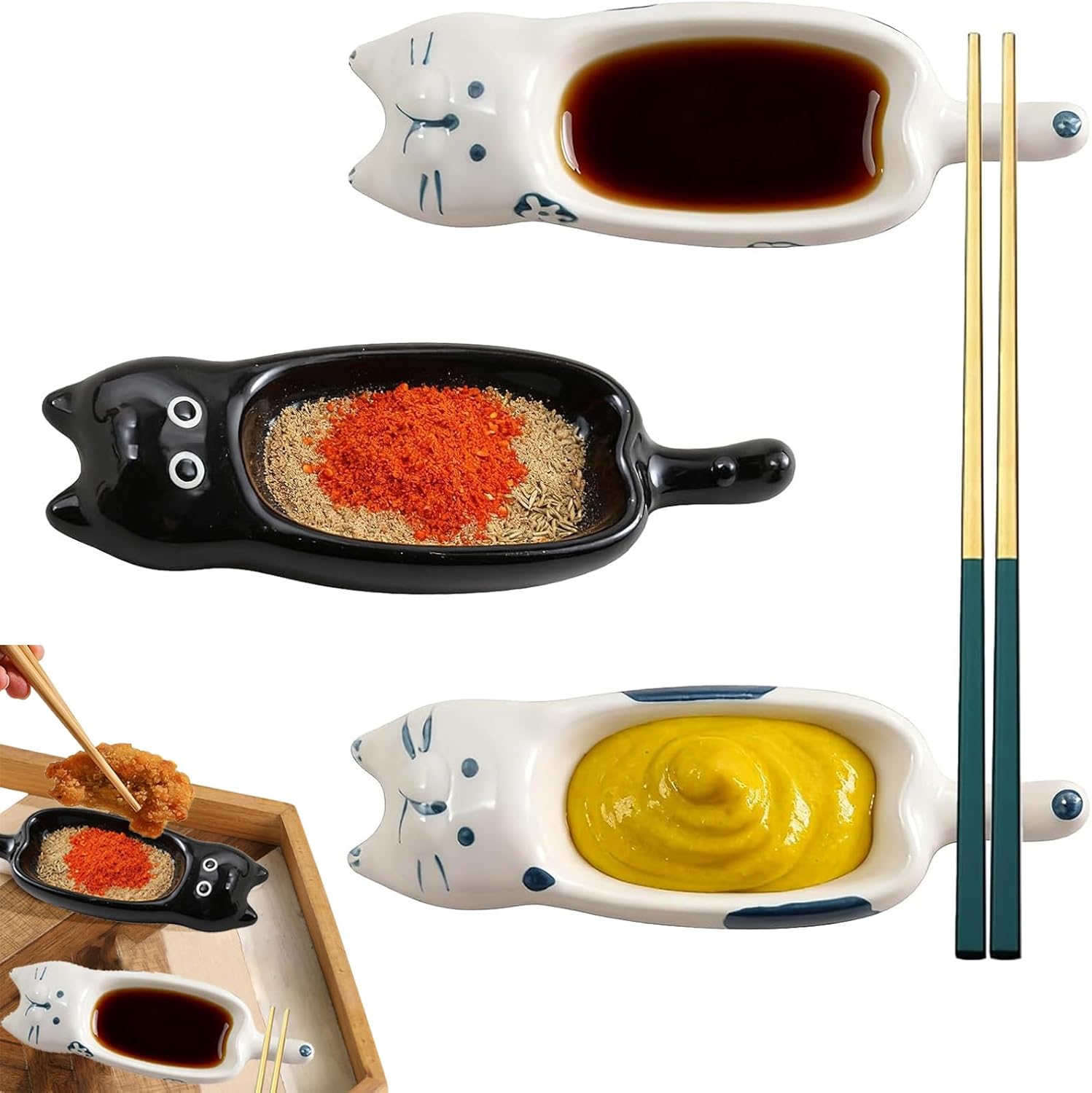 Set Mit 3 Saucenschalen - 13 X 4,2 Cm - Katzenform - Keramik - Stapelbar - Für Ketchup, Senf, Sojasauce, Essig (weiß)