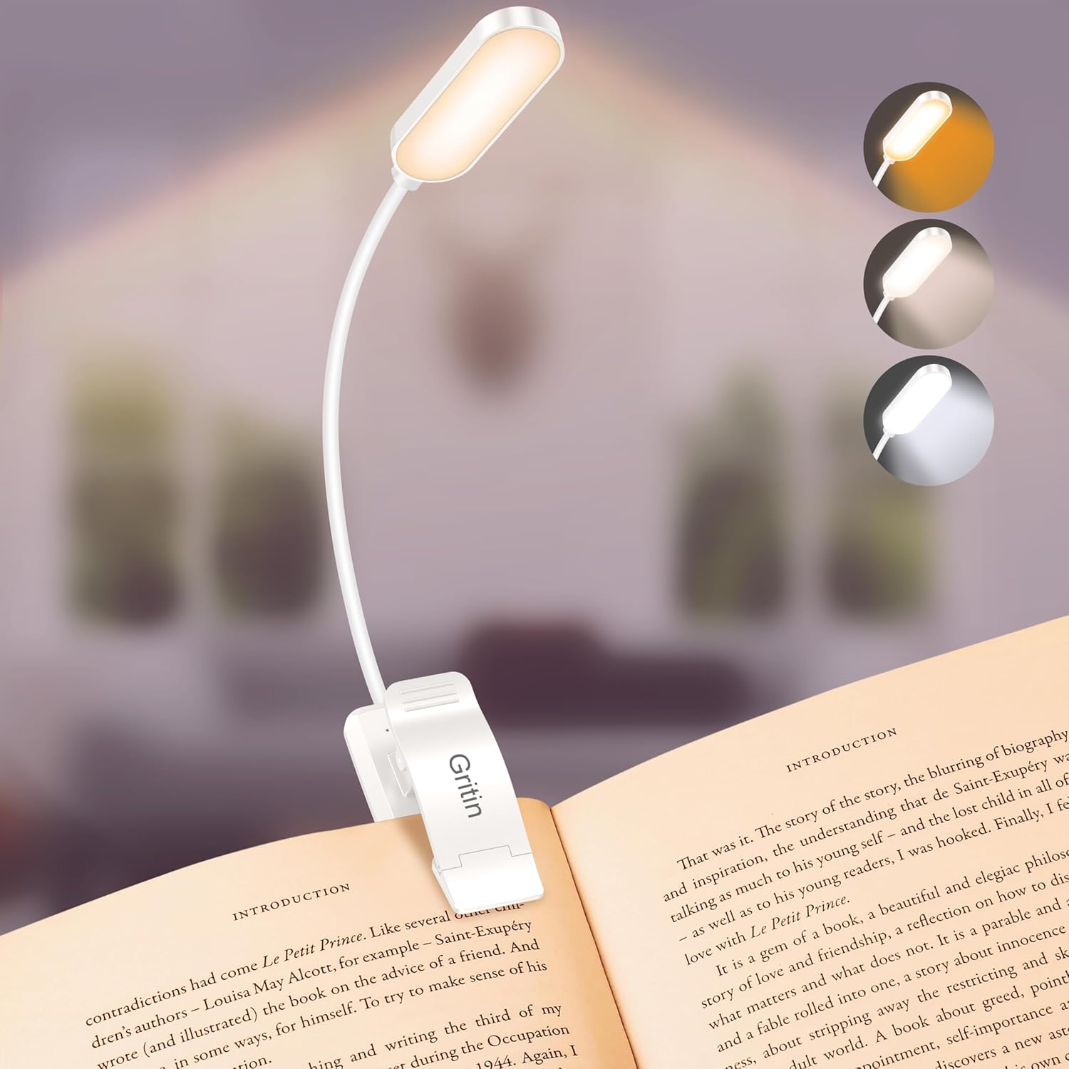 Leselampe Mit 16 Leds, Buchlampe Mit 3 Augenschutzmodi – Stufenlos Dimmbar, Wiederaufladbar, Flexible Klemmleuchte, Weiß