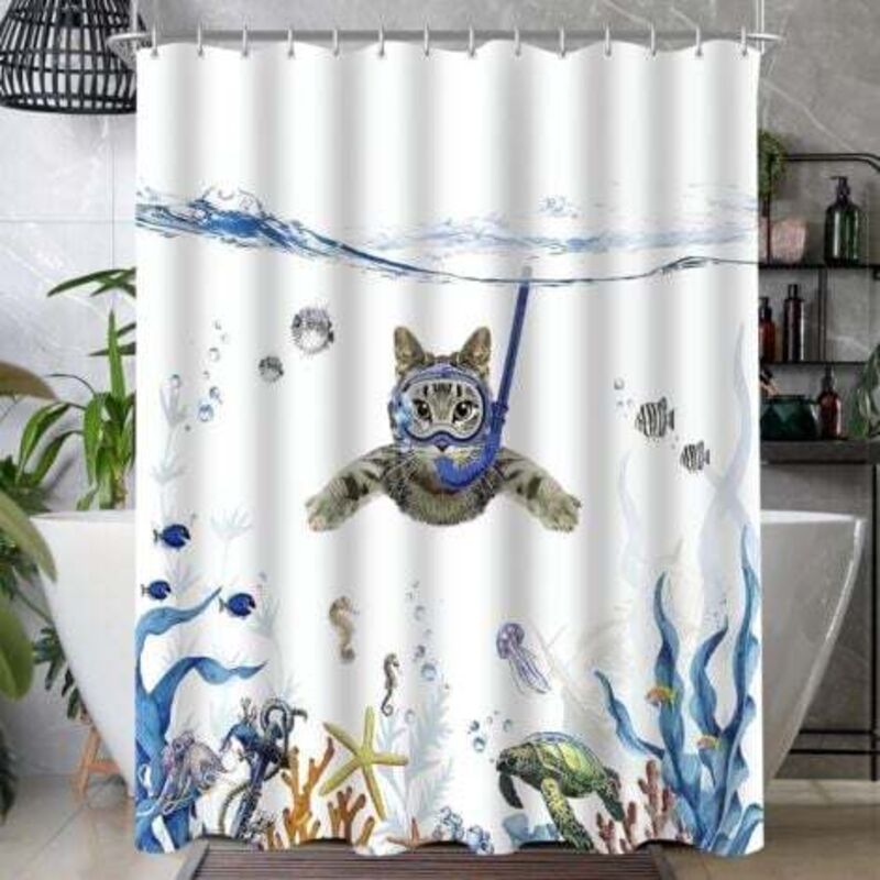 [niemals Verwendet] Anti-schimmel-design Mit Schwimmender Katze, Beschwerter Saum, Wasserdicht, Waschbar, Aus Polyestergewebe, Mit 6 Ösen Und Duschvorhangringen