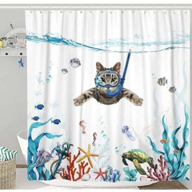 [niemals Verwendet] Duschvorhang 180 X 180 Cm Mit Tauchkatzen-ozean-print, Wasserdicht, Waschbar, Rutschfest, Schnelltrocknend, Aus Polyestergewebe, Badezimmeraccessoire