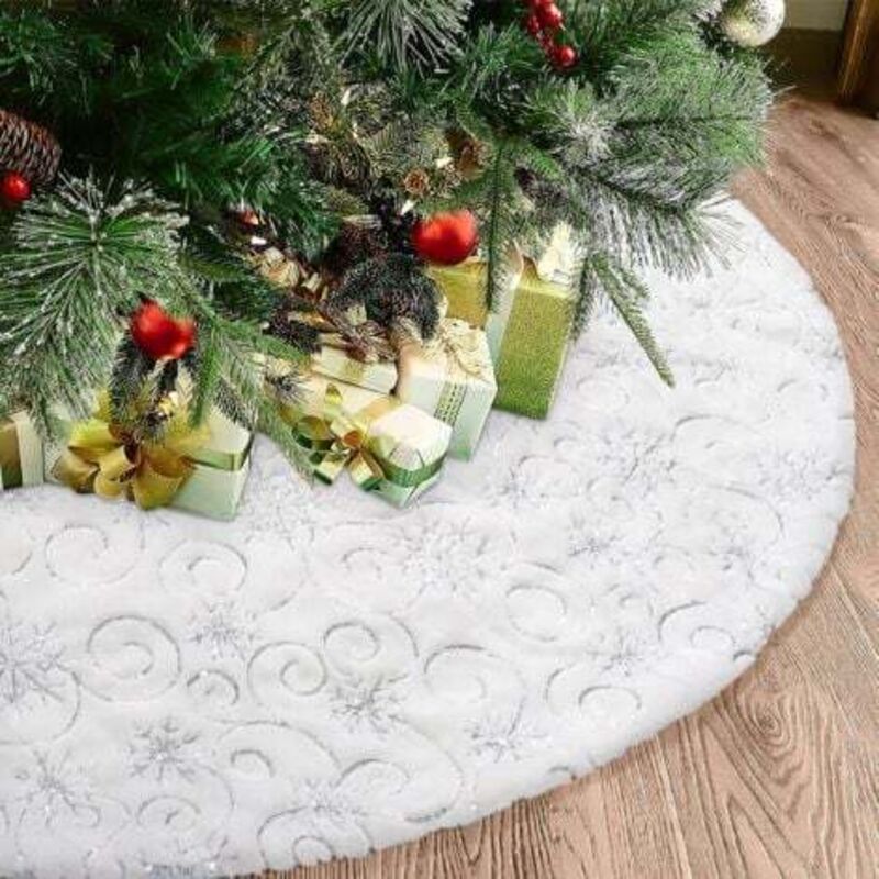 [niemals Verwendet] 90 Cm Große, Plüschige Weihnachtsbaumdecke, Weihnachtsbaumschmuck, Pailletten, Silberne Schneeflocke, Weihnachtsbaummatte, Baumfußabdeckung, Decke