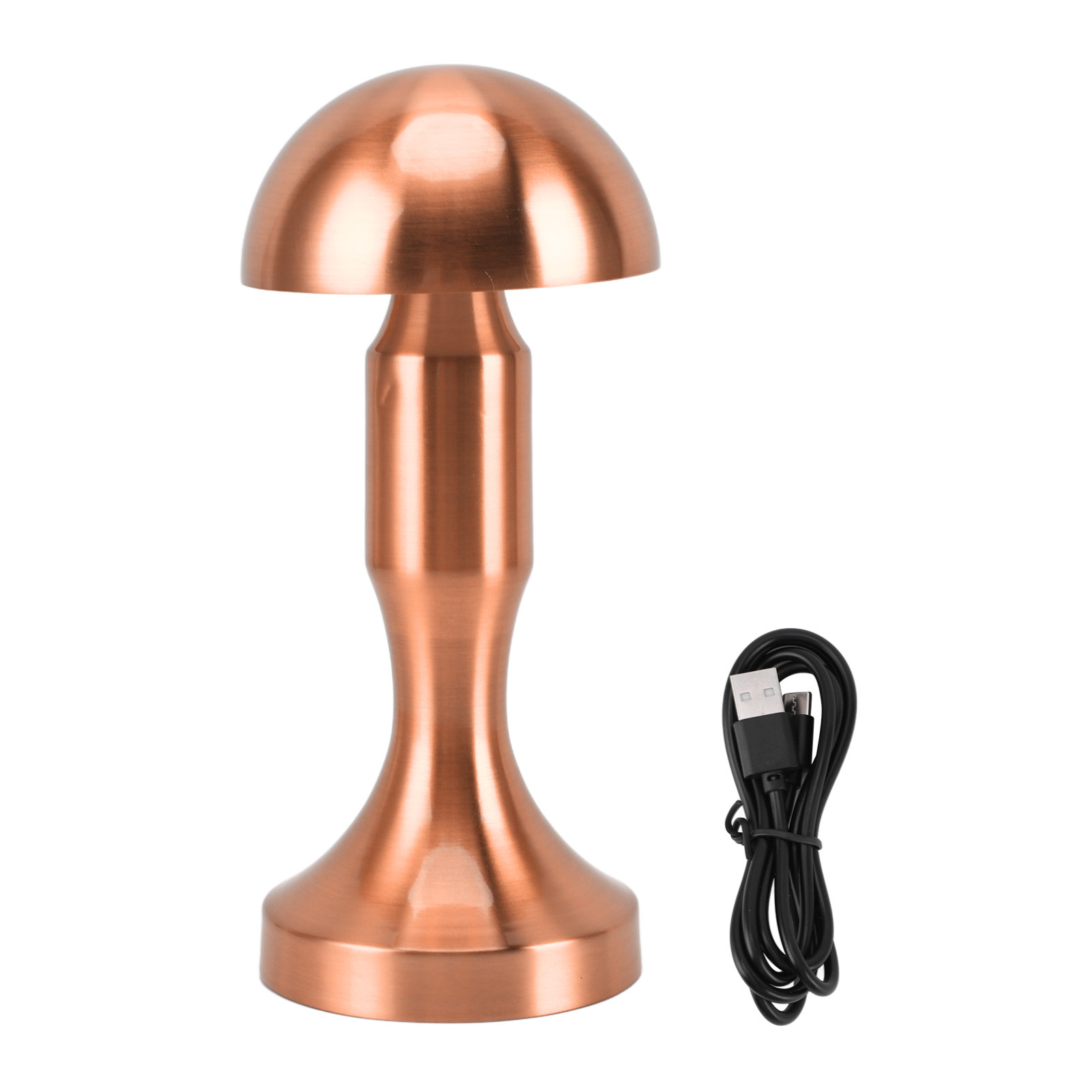 Pilzförmige Tischleuchte, Kabellos, Wiederaufladbare Led, Usb-c, Gebürstetes Metall, Roségold, 22 Cm, Dimmbar, 3 Farbtemperaturen