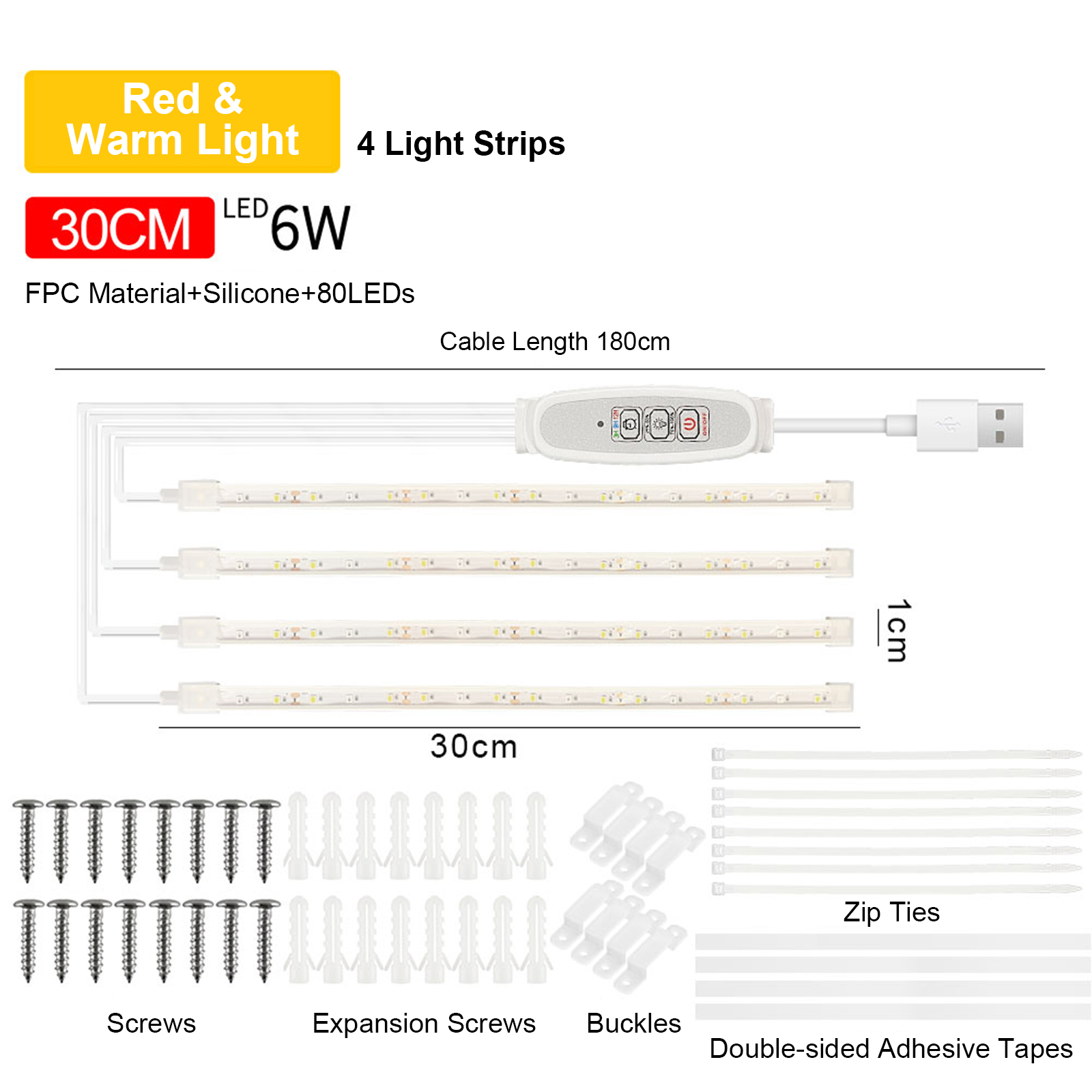 Lot De 4 Bandes Led Horticoles 30cm Usb, Spectre Rouge & Chaud 3000k, Minuteur Intelligent 24h, 4 Niveaux Luminosité