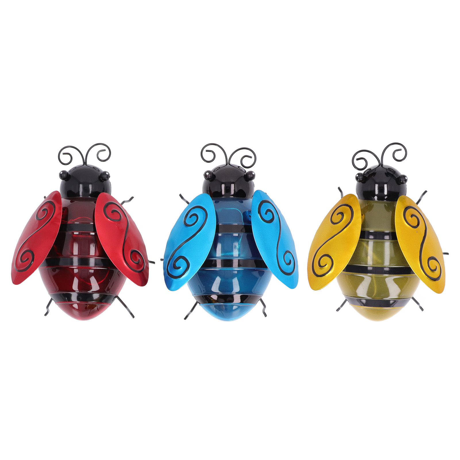 Lot De 3 Lampes Solaires Abeille En Fer Décoratif, Éclairage Led Extérieur Jardin Balcon, Rouge Jaune Bleu, 15x11cm