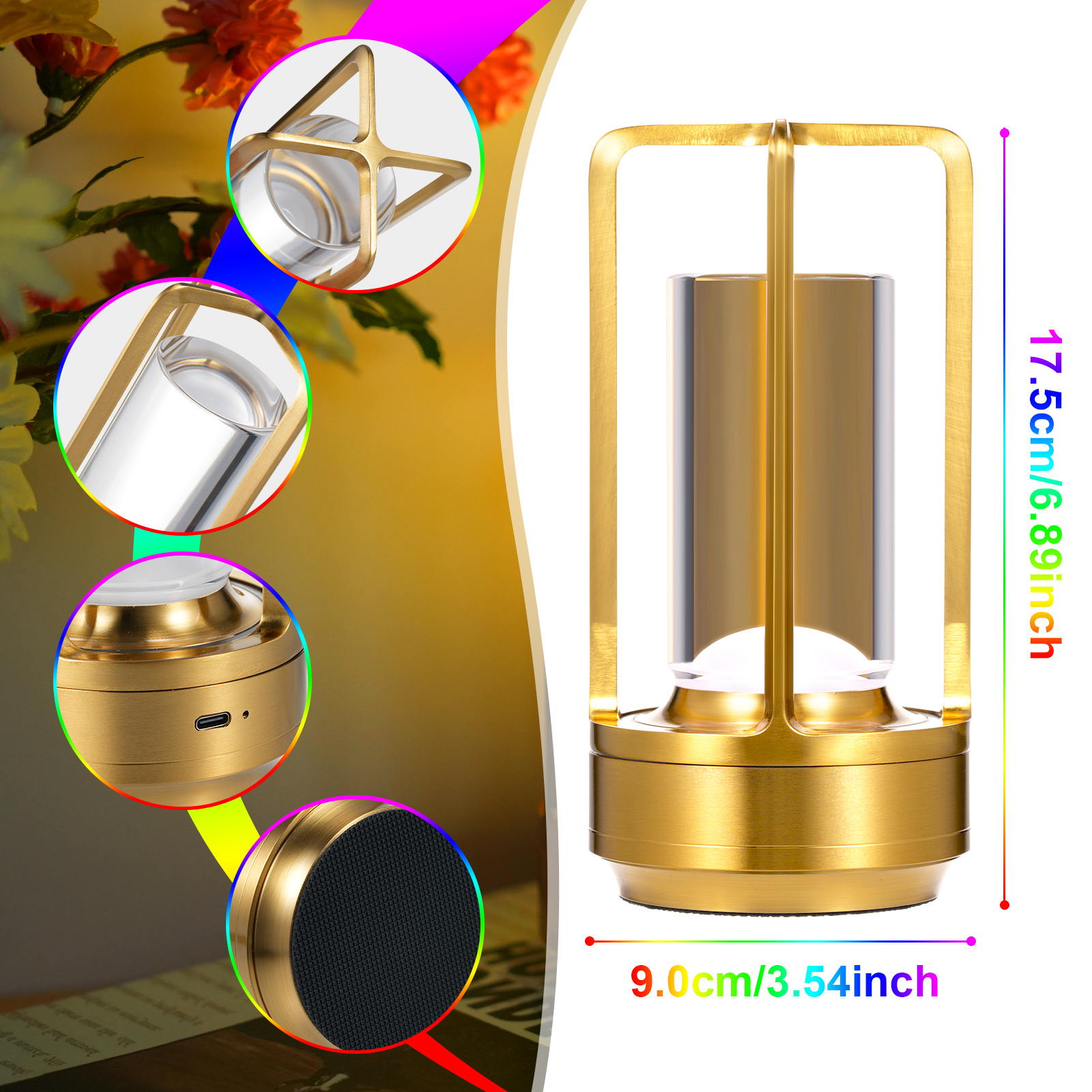 Rgb-kreuz-schreibtischlampe, Retro-gold-design, Aluminiumlegierung, Touch- Und Fernbedienung, 16 Farben, Usb-c-aufladung