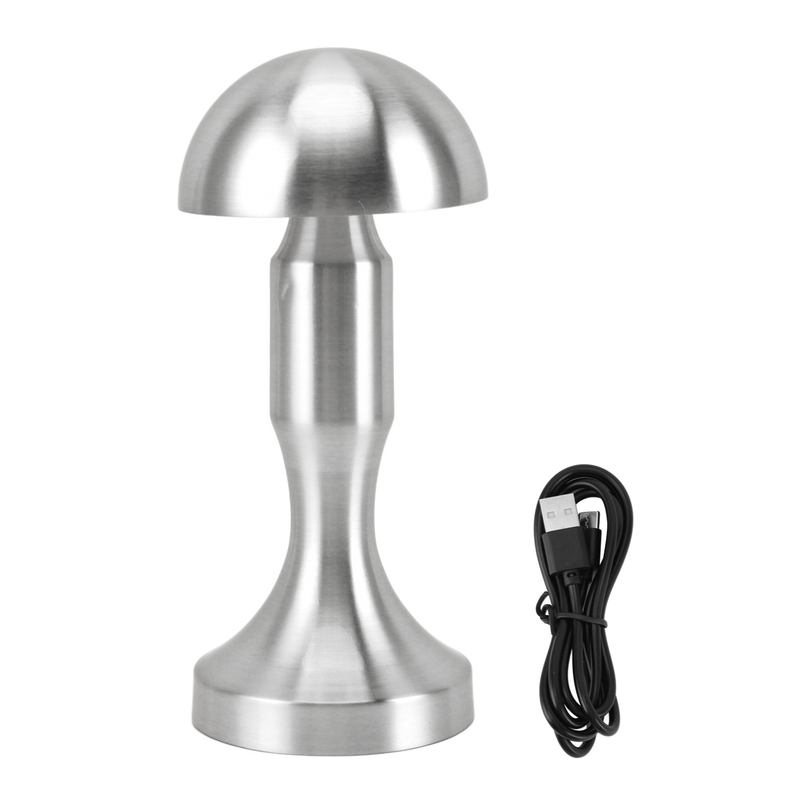 Kabellose Pilz-tischleuchte, Wiederaufladbares Usb-c-led-gehäuse, Gebürstetes Silbermetall, 3 Farben, Berührungsempfindliche Helligkeitsregelung, 22 Cm
