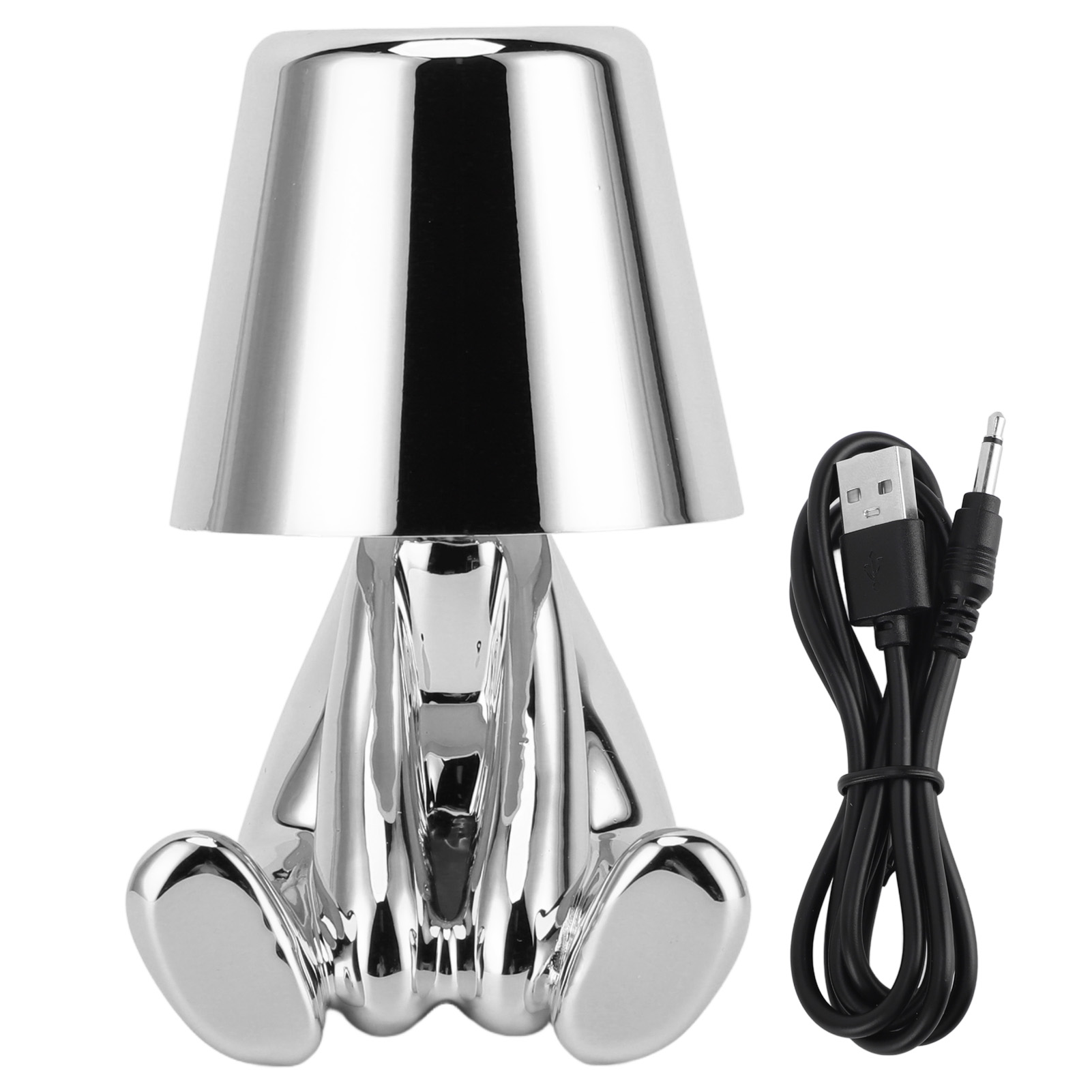 Led-nachttischlampe Mit Touch-funktion, Modell „the Thinker“ In Silber, 3 Helligkeitsstufen, Usb-aufladbar, Moderne Schlafzimmerdekoration