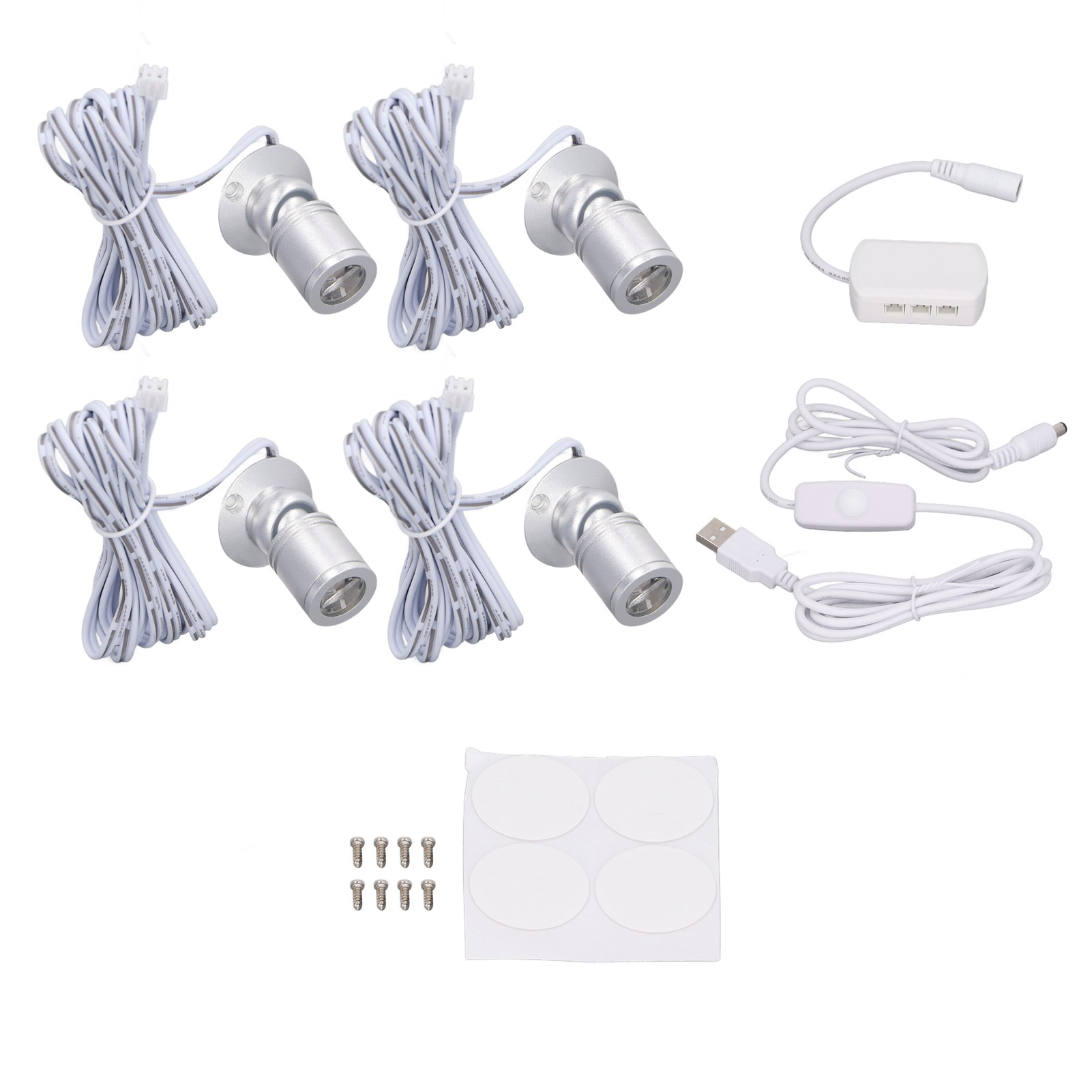 Set Mit 4 Verstellbaren Toivize 20-mm-led-strahlern Aus Silberfarbenem Aluminium (5 V Usb) Für Schmuckvitrinen Und Innenbeleuchtung