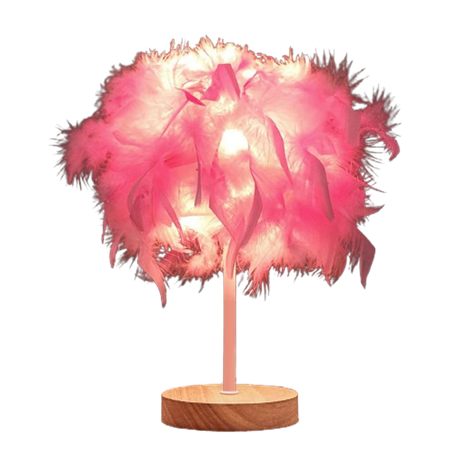 Nachttischlampe Mit Rosa Federn, Massivholz, Skandinavischem Design, Dimmbarer 3-w-led, Usb-anschluss, Romantischem Ambiente, Eleganter Dekoration