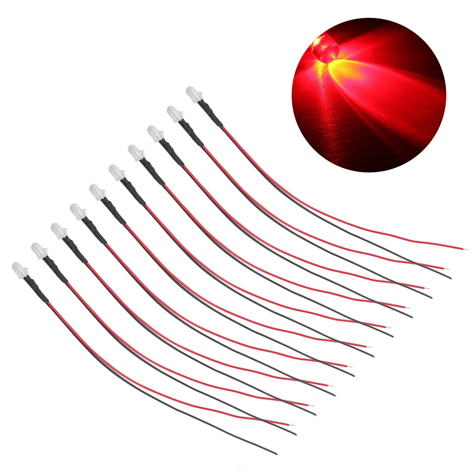Lot De 10 Led Rouges 5mm Préfilées - Diodes Électroluminescentes 5-12v Câblées 20cm Pour Bricolage Et Décoration Facile