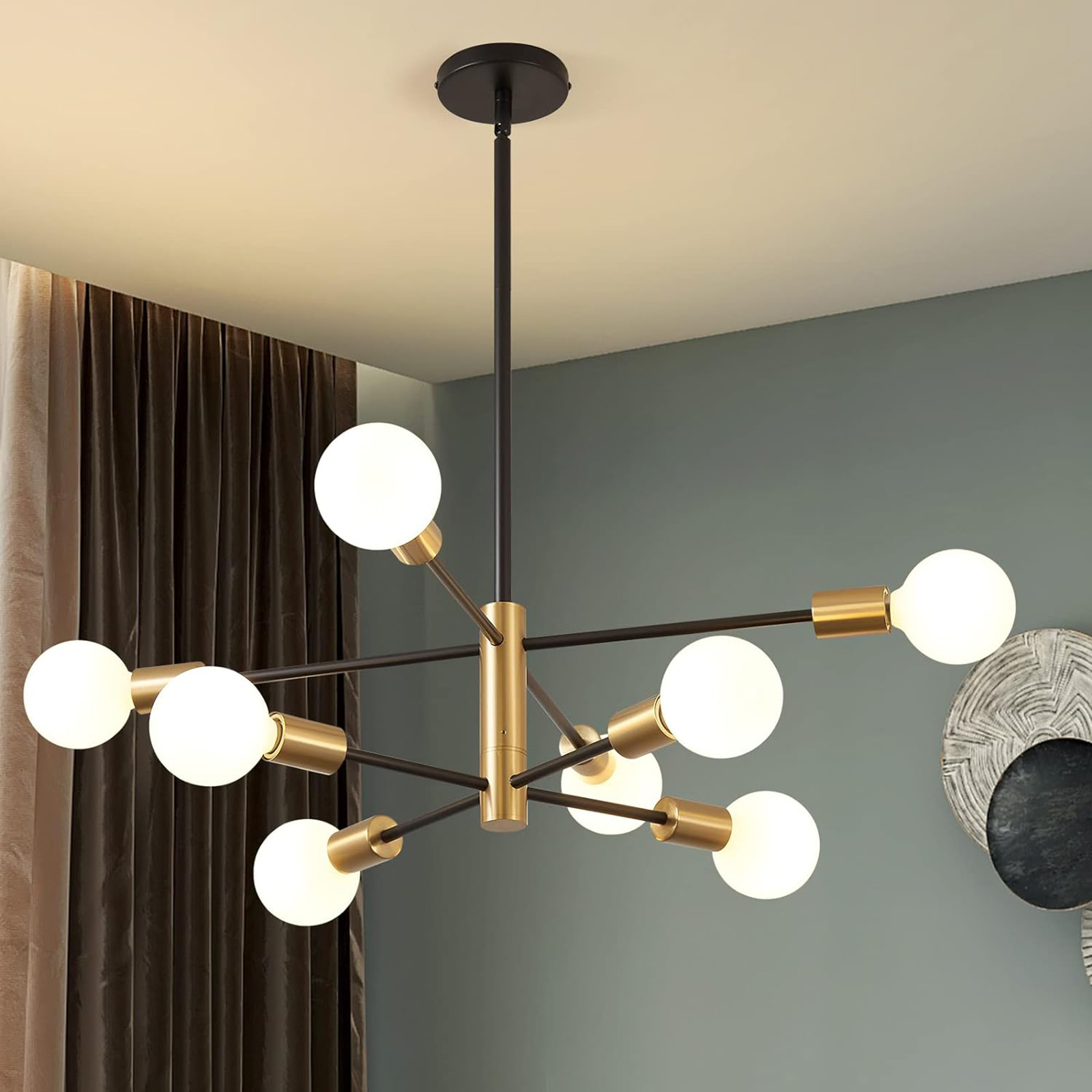 Retro-industrie-kronleuchter Mit 8 Leuchten In Schwarz Und Gold, Höhenverstellbar Bis 134 Cm, Elegantes Design Für Wohn- Und Esszimmer