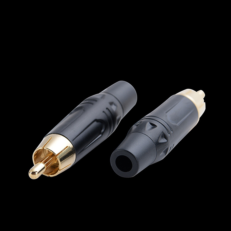 Schwarzer Rca-stecker (männlich), Schwarzes Elektrophoretisches Aluminiumgehäuse, Rca-audio-/video-anschluss, Vergoldeter Kupfer-rca-stecker (lotuskopf), 6 Mm.