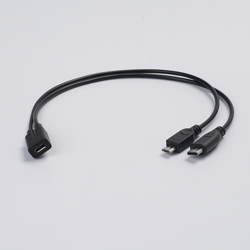 Weiblicher Mikrostecker Auf Zwei Männliche Mikrostecker Und Einen Männlichen Typ-c-stecker Zum Laden Von Mobiltelefonen, Tablets Und Kleinen Haushaltsgeräten.