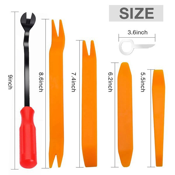 Ein Set Aus 9 Werkzeugsätzen Zum Schneiden Und Entfernen Von Kunststoff-türverkleidungsbefestigungen In Orange, Rot, Schwarz Und Silber.