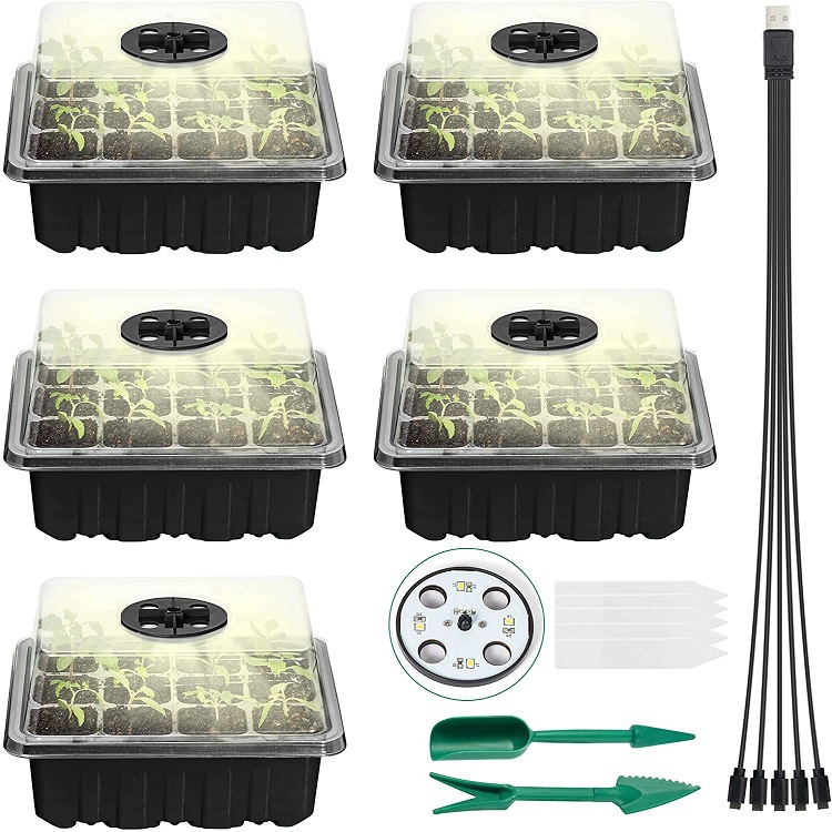Anzuchtschale Mit 12 Löchern Und Beleuchtung, Saatgutstarter, Anzuchtbox Für Gartenpflanzen, Keim- Und Sämaschine (5-teiliges Schwarzes Set)