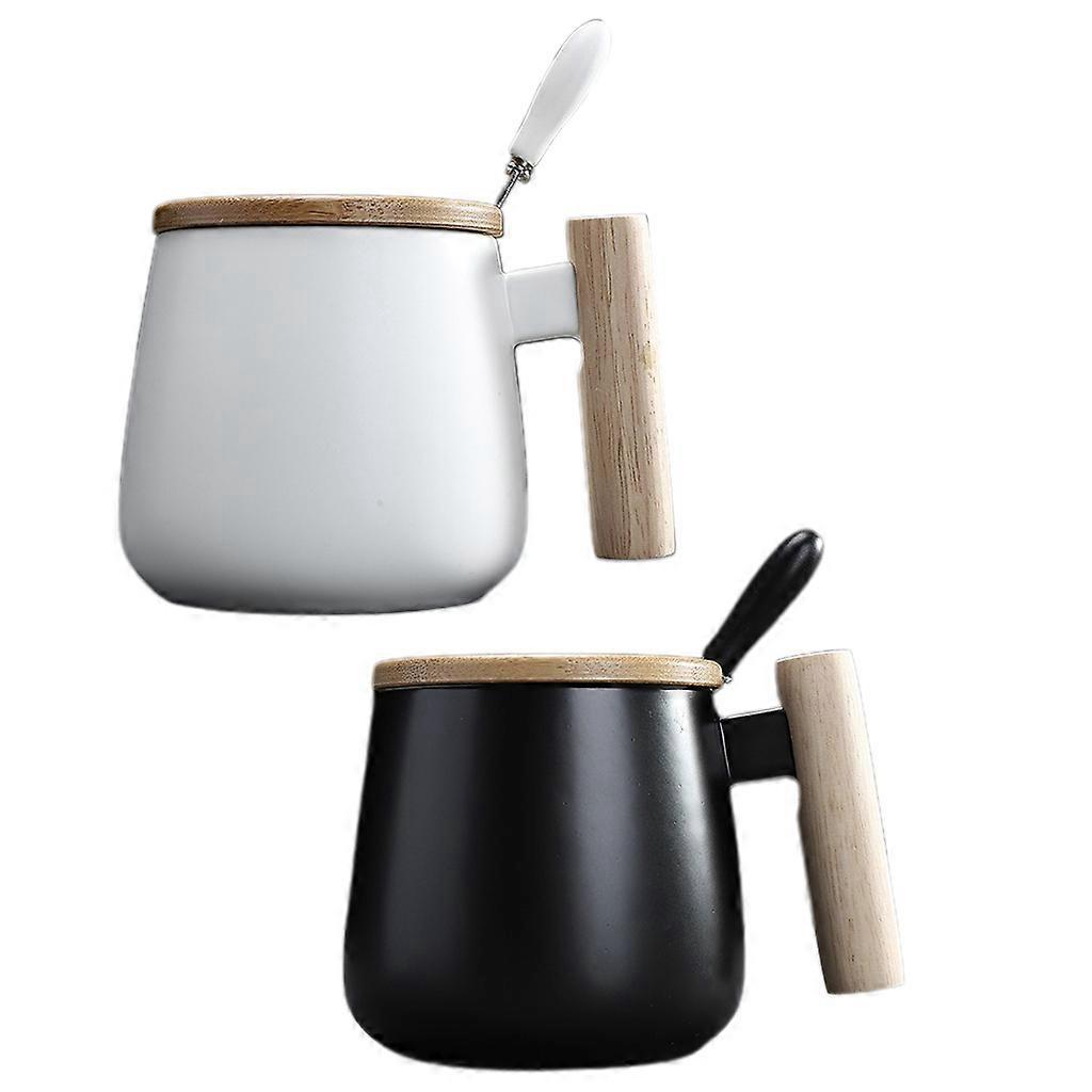 Keramikbecher Mit Holzgriff, Deckel Und Löffel – Ideal Für Zuhause Oder Büro, Um Tee, Milch Oder Kaffee Zu Trinken.