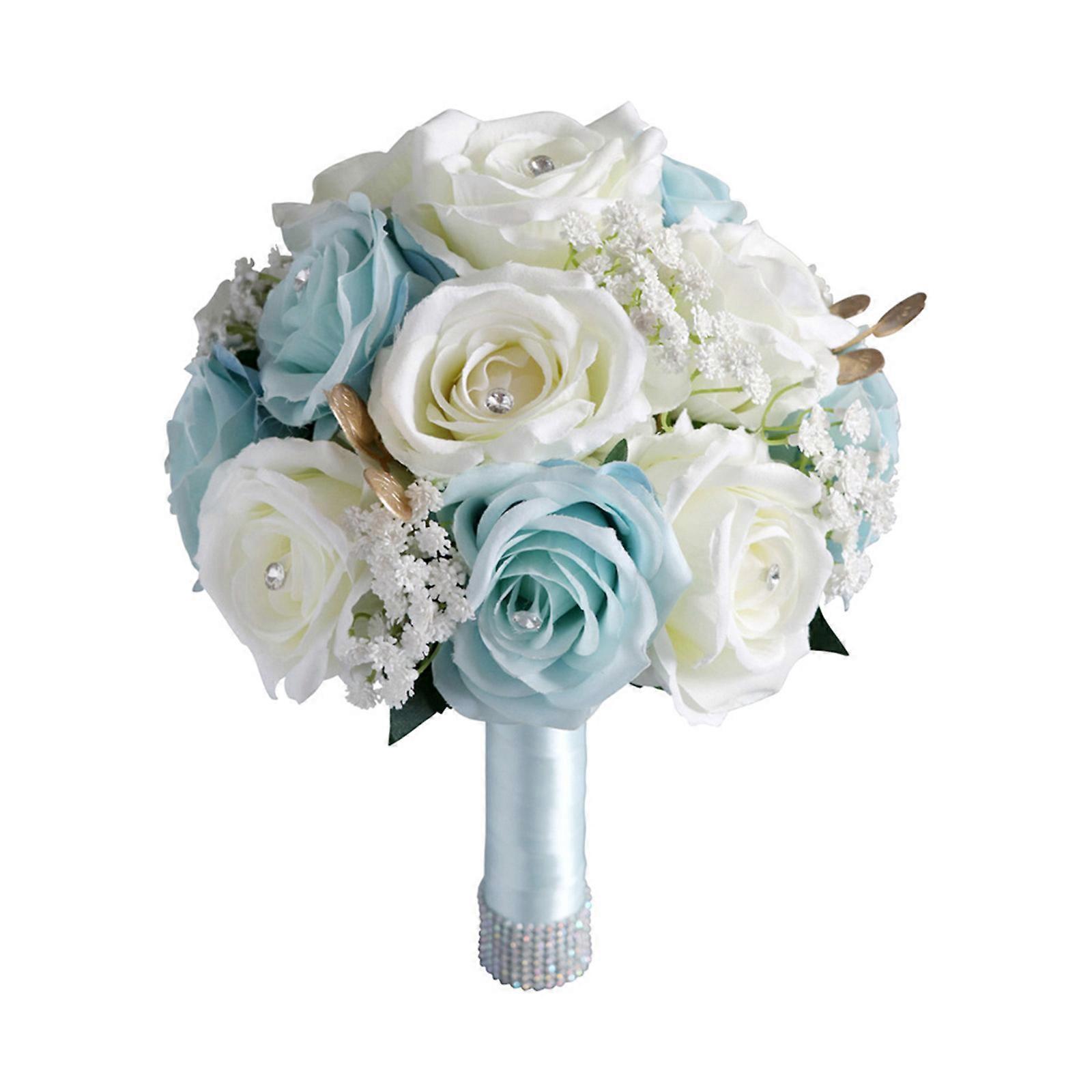 Romantischer Hochzeitsstrauß Mit Künstlichen Weißen Und Blauen Rosen – Foto-requisiten Für Die Braut, Brautjungfern Und Den Valentinstag
