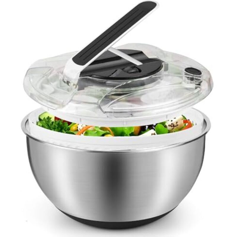 Amxcnoy Große 3,5l Salatschleuder Aus Edelstahl, Salatkorb Mit Deckel, Rutschfester Boden, Salatschleuder Zum Waschen Und Abtropfen Von Salaten, Abtropfen Von Nudeln Usw.