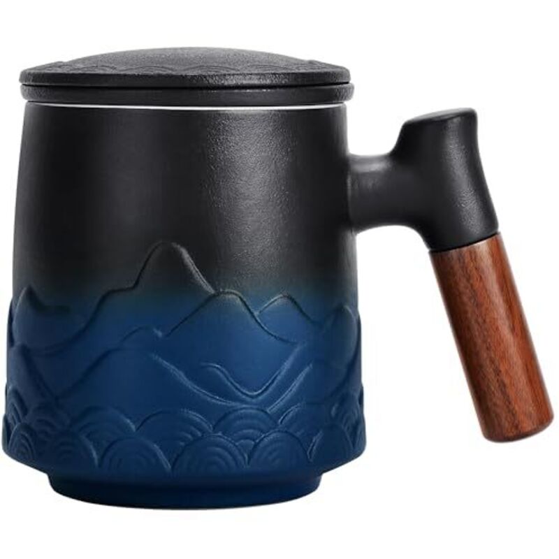 Amxcnoy Keramikbecher Mit Filter Und Deckel, Große Teetasse Mit Holzgriff, Geschenk (blau)
