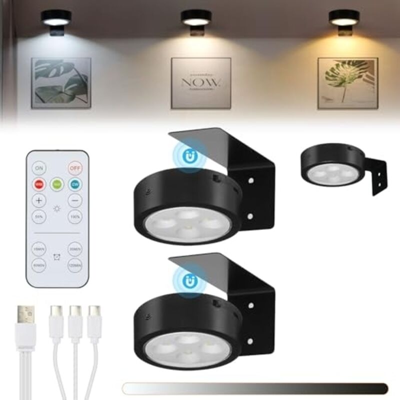 Amxcnoy 3er-pack Kabellose Led-bilderleuchten, Usb-aufladbar, Goldene Beleuchtung Für Bilderrahmen Mit Fernbedienung, 3 Farbtemperaturen, Einstellbares Licht