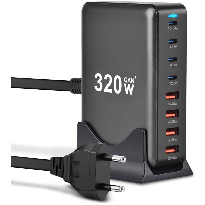 Amxcnoy 320w Usb-c Ladegerät, 8-port Multi-gan Wandladegerät Mit 4 Usb-c- Und 4 Usb-a-anschlüssen, Schnellladestation-adapter Kompatibel Mit Macbook Pro/air Laptop, Iphone, Ipad Pro, G