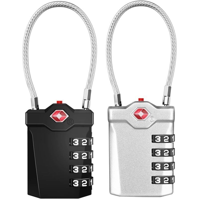 Amxcnoy Kofferschloss, 4-stelliges Tsa-zahlenschloss Mit Öffnungsalarm, Reisegepäckschloss Mit Flexiblem Kabel (2er-pack, Schwarz Und Silber)