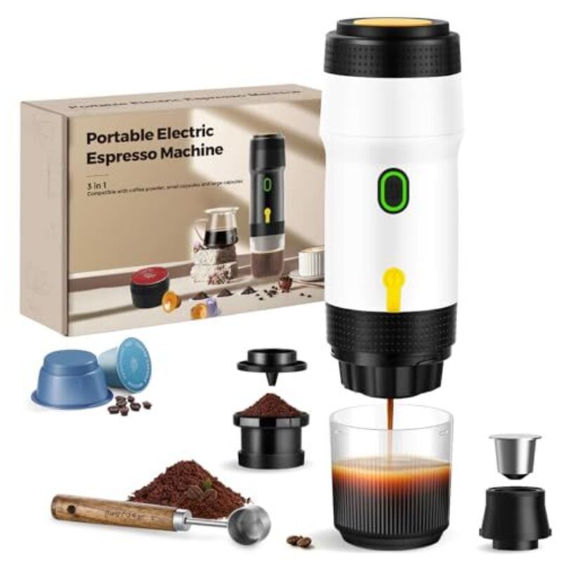 Amxcnoy 3-in-1 Tragbare Kaffeemaschine, 20 Bar, 92°c Extraktion, 7500 Mah Akku, Usb/12v Autoladegerät, Espressomaschine Für Kapseln Und Gemahlenen Kaffee (weiß)