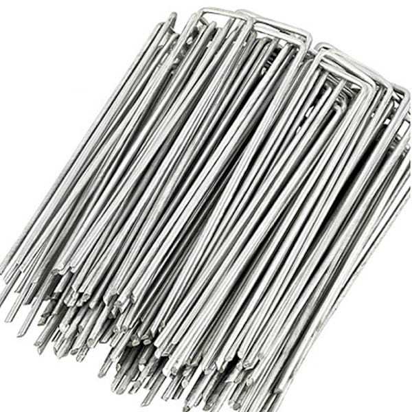Packung Mit 100 U-förmigen Stahl-gartenpfählen Zur Verankerung Von Unkrautvlies Im Boden Und Zum Anschluss Von Gartenschläuchen, Silberfarben, 10 Cm