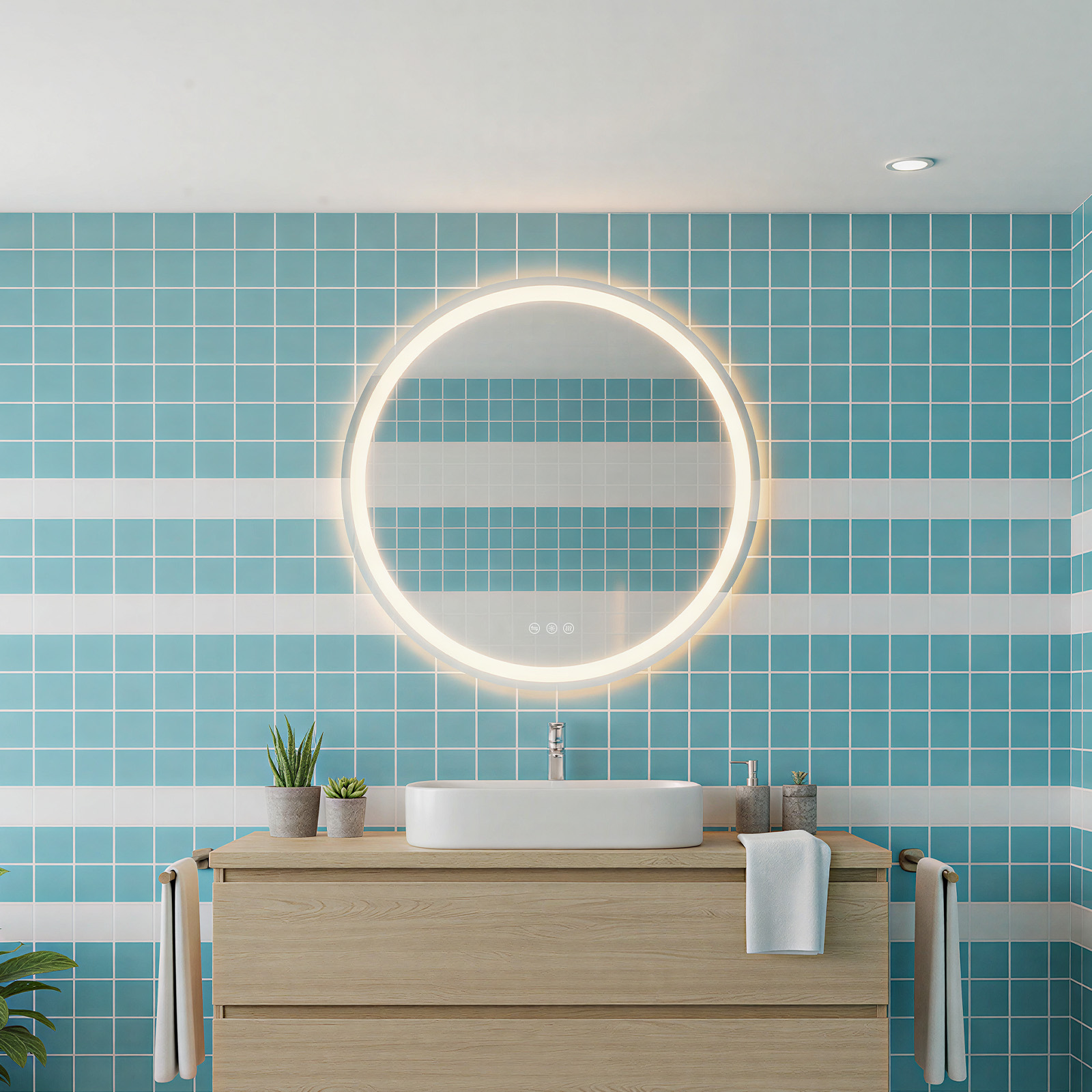 Auralum Max Rund Badspiegel Mit Beleuchtung 60 Cm, Wandspiegel Led Badezimmerspiegel Beschlagfrei Mit 3 Lichtfarben Dimmbar, Touch-schalter, Ip67