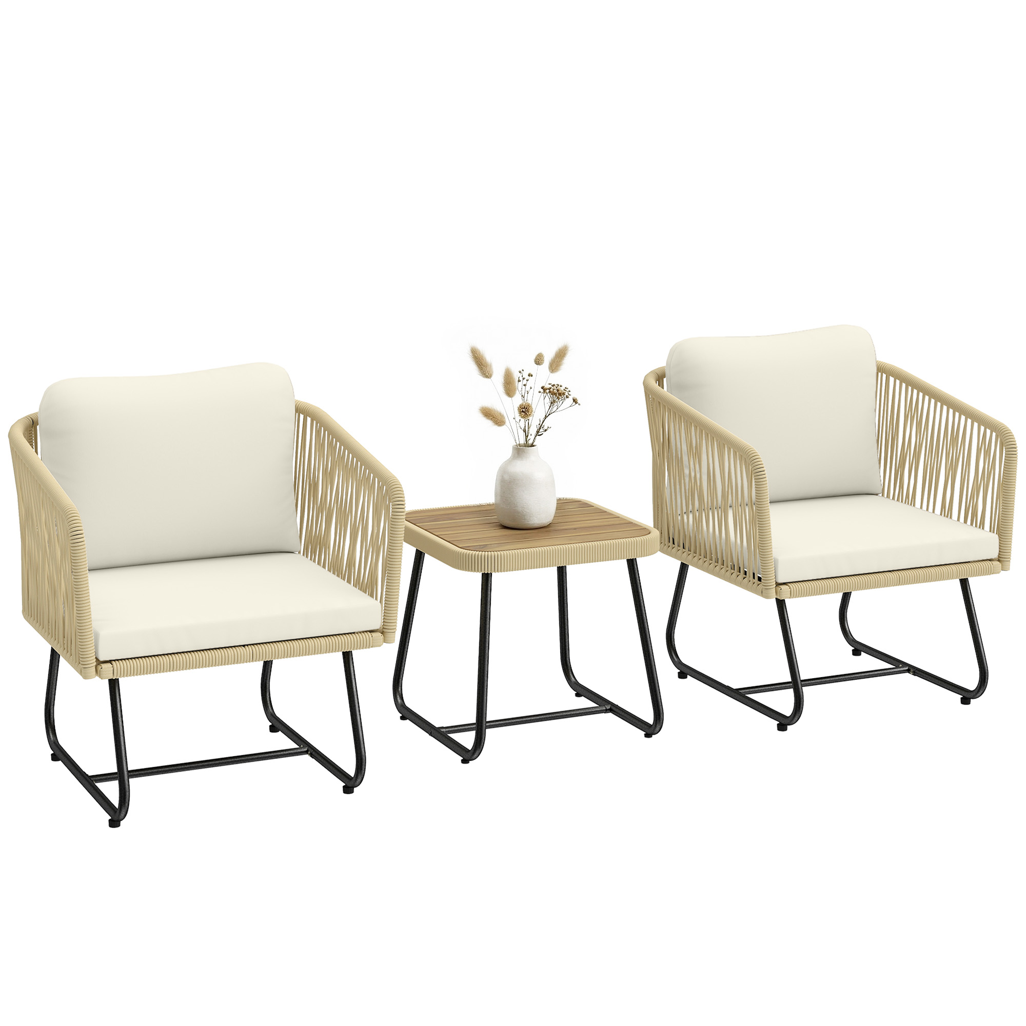 Salon De Jardin Bistrot 3 Pièces En Résine Tressée Fsc Avec 2 Fauteuils Table En Bois À Lattes Coussins Épais Lavables Cadre Acier