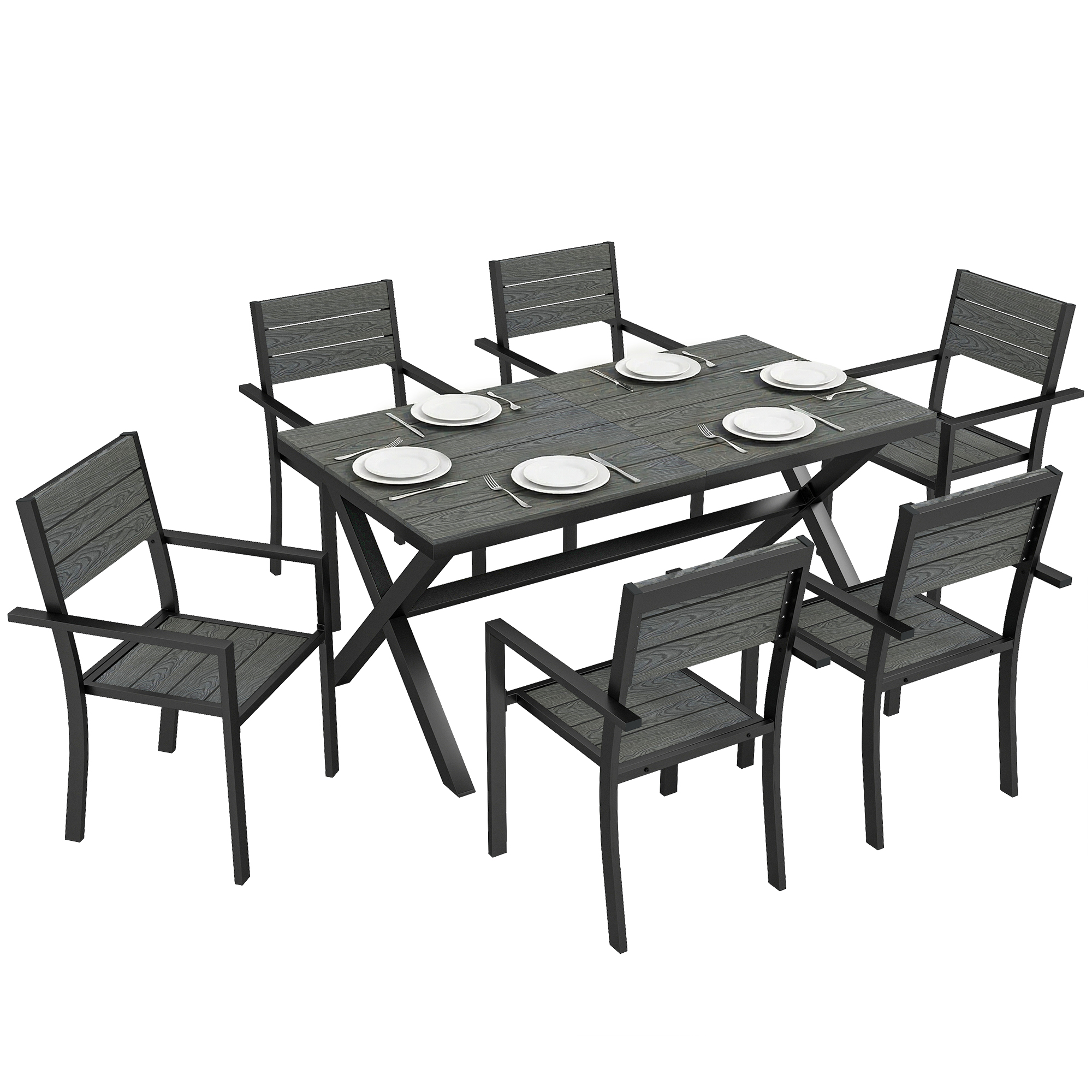 Essgruppe Für Außenbereich 7-teilig 6 Personen Stapelbare Stühle Und Tisch Latten Holzoptik Aluminiumrahmen Grau