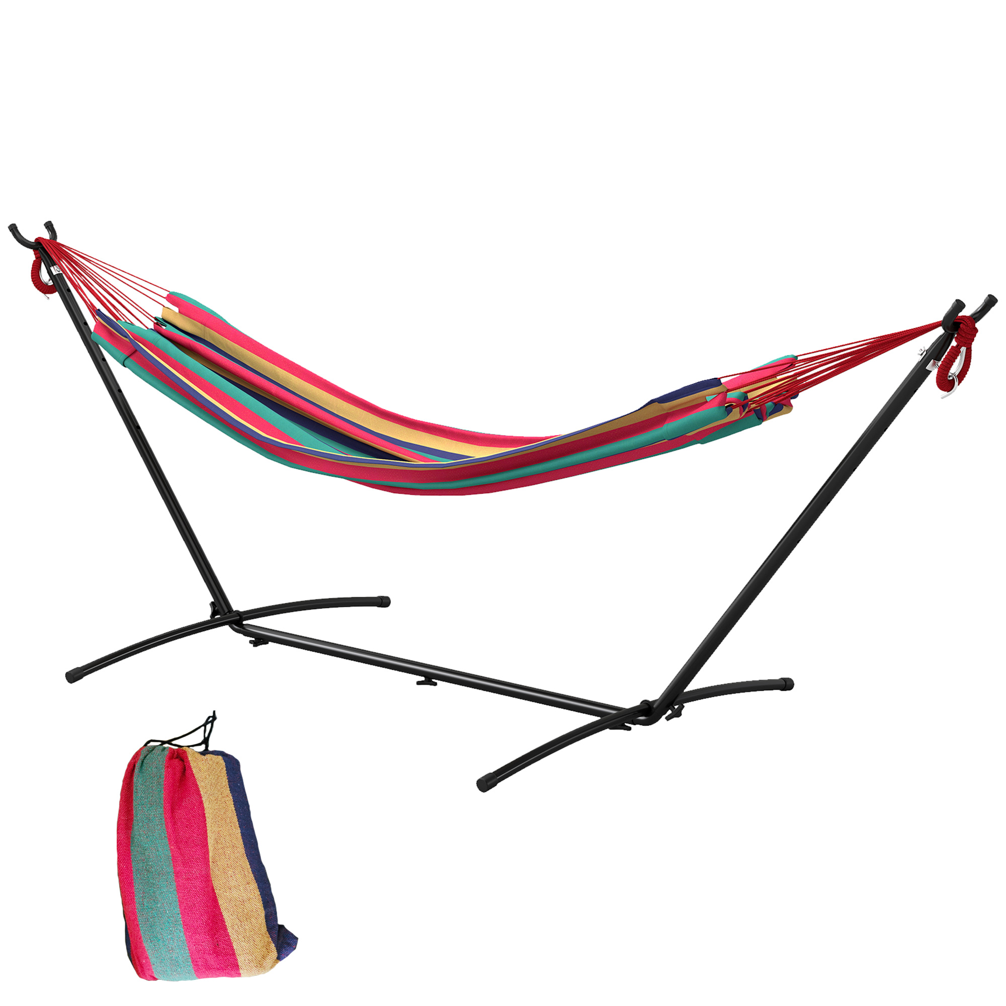 Hamac Avec Support 310x117cm Pour Camping Avec Hauteur Réglable Et Sac De Transport Charge 120 Kg Rayures Orange Et Rouge