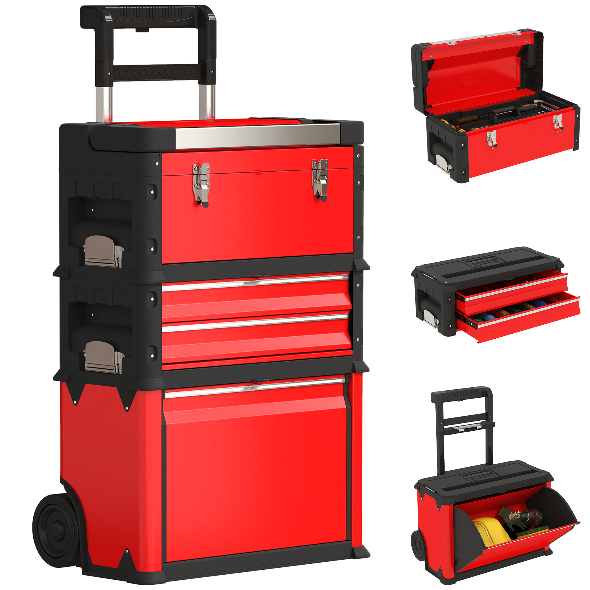 Lot De 3 Boîtes À Outils Sur Roulettes Empilables Et Modulaires En Acier Avec Plateau Poignées Et Serrure Rouge