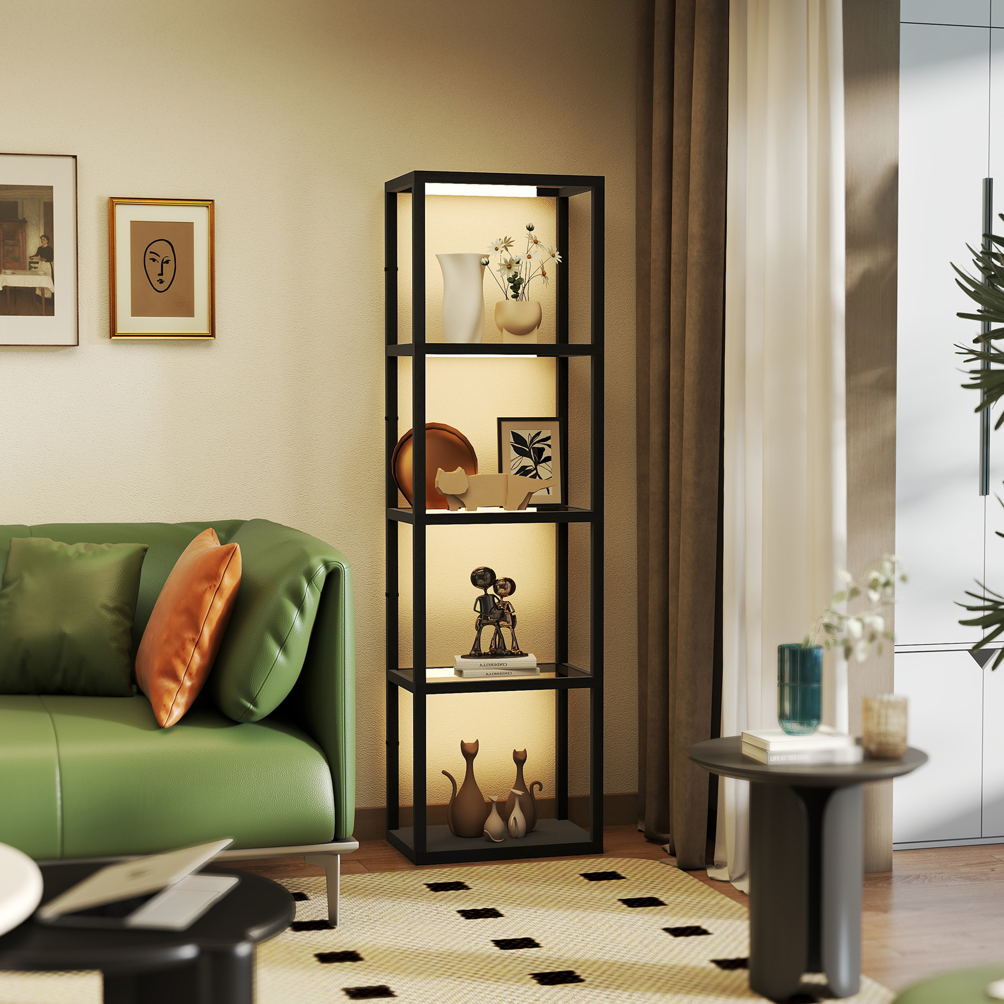 Led-stehlampe Mit 4-stufigem Regal Leuchtregal Mit 4 Glasfächern Fußschalter Raumbeleuchtung Mdf Schwarz