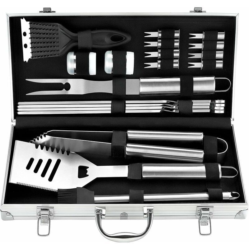 Grillset – 20-teiliges Grillbesteck Aus Edelstahl Im Aluminiumkoffer – Grillwerkzeug-set Für Camping, Reisen Und Gartenarbeit – Geschenkidee Für Männer Und Frauen