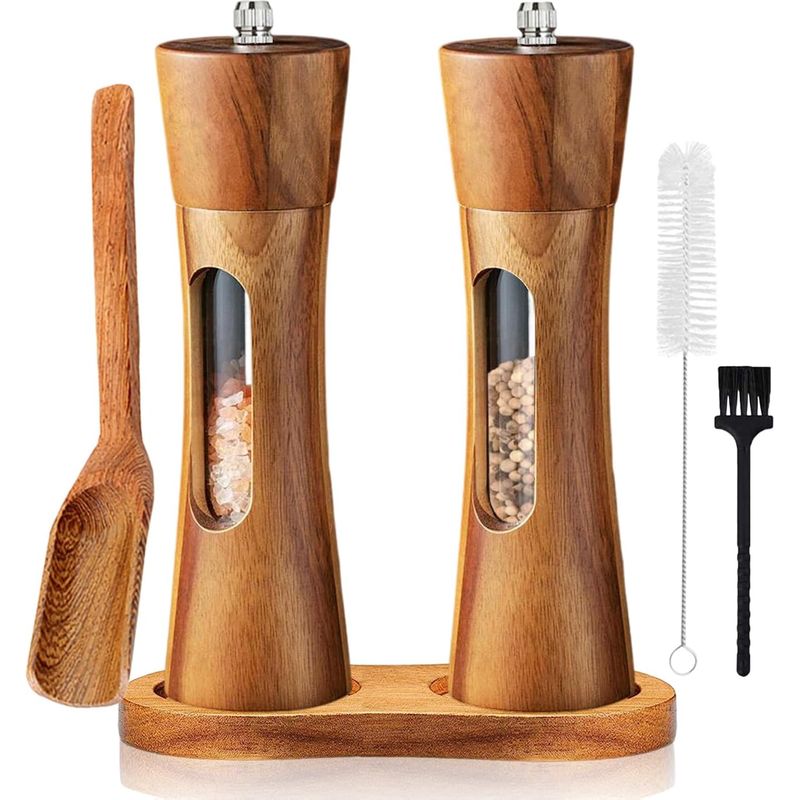 Set Aus 2 Hölzernen Salz- Und Pfeffermühlen Mit Verstellbarem Mahlwerk Für Gewürze, Pfeffer Und Salz – 18,8 Cm